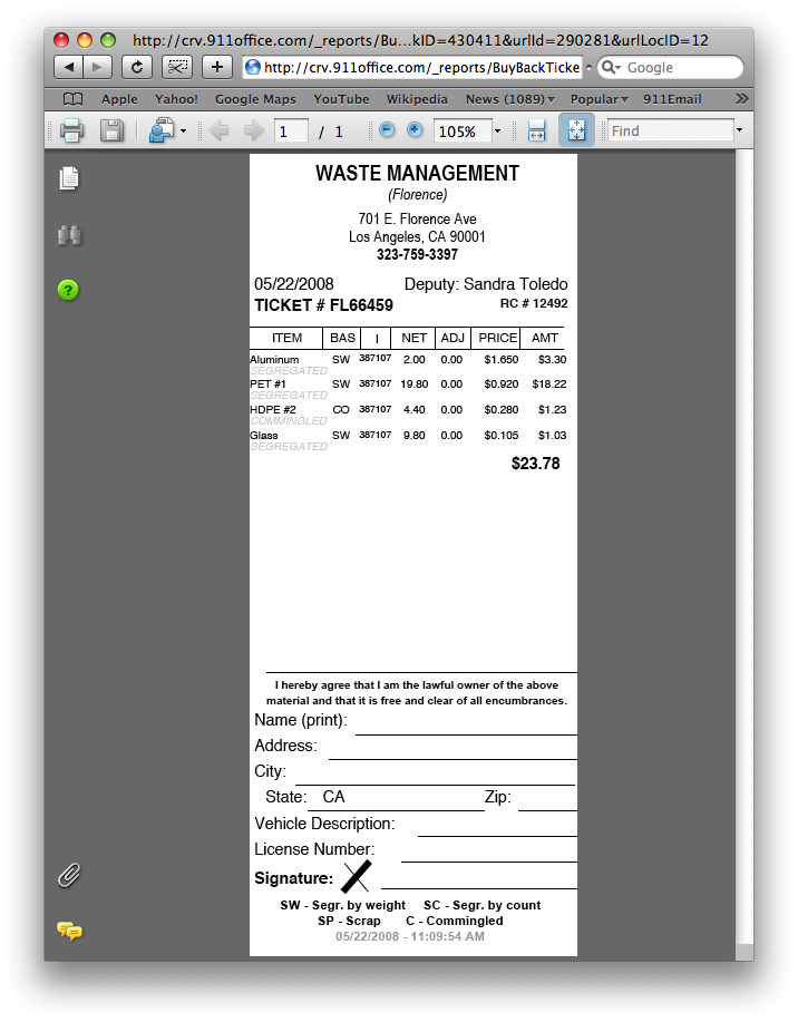 Buy Back Recycling Center Ticket